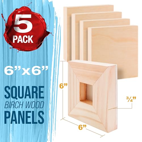 U.S. Art Supply 06" x 06" Unfinished Cradled Wood Panels for Painting, Studio 3/4" Deep (5 Pack) - Artist Depth Birch Wooden Wall Canvases - Mixed-Media Craft, Acrylic, Oil, Encaustic, Paint Pouring - size: 6" x 6", style: Square