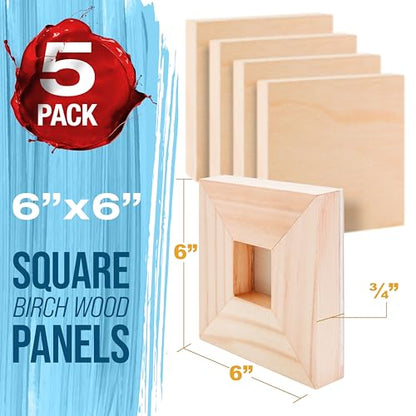U.S. Art Supply 06" x 06" Unfinished Cradled Wood Panels for Painting, Studio 3/4" Deep (5 Pack) - Artist Depth Birch Wooden Wall Canvases - Mixed-Media Craft, Acrylic, Oil, Encaustic, Paint Pouring - size: 6" x 6", style: Square