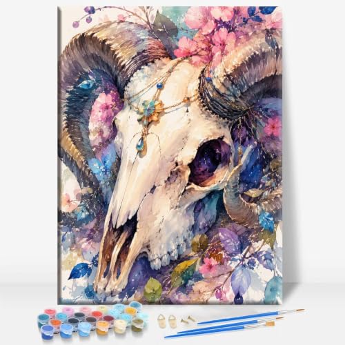 Aeontinity RAM Skull Gothic Framed Canvas DIY Paint by Numbers Kit Bar Cafe Cave Home Room Wall Bathroom Porch Patio Decor Gift, 16 x 12 Inch - color: RAM SKULL - 16 x 12 Inch