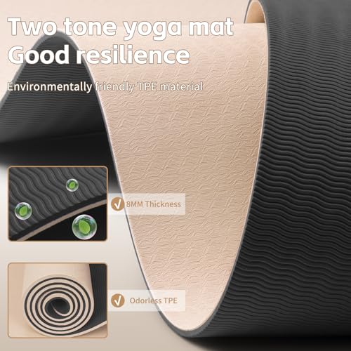 PAIDU Yoga Mat 8mm TPE Non‑Slip Fitness Mat with Strap for Home Workouts - color: Beige&Black