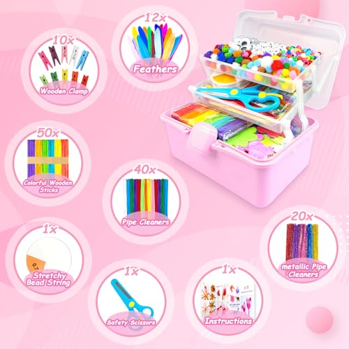 3000 Arts and Crafts Supplies for Kids Craft Kit Craft Box with Pipe Cleaners Arts and Crafts for Kids Age 4-6, 6-8, 8-12 DIY School Supplies Materials Set Toys Gifts for Girls Boys Toddlers, Pink - color: pink
