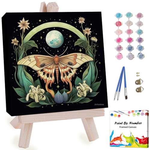 Artunion Framed Paint by Numbers Kit for Adults Beginners & Kids Ages 8-12,Butterfly Moth Paint by Number with Frame,Moon Flower Paint by Numbers Kit on Canvas 10 * 10 Inch Without Easel - color: ZXT-331-F