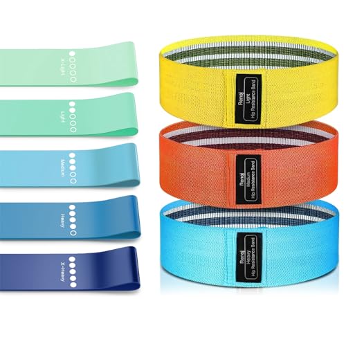 Bundle Set of 8 Resistance Bands for Workout, 5 Latex Exercise Bands and 3 Fabric Booty Bands with 2 Portable Bags