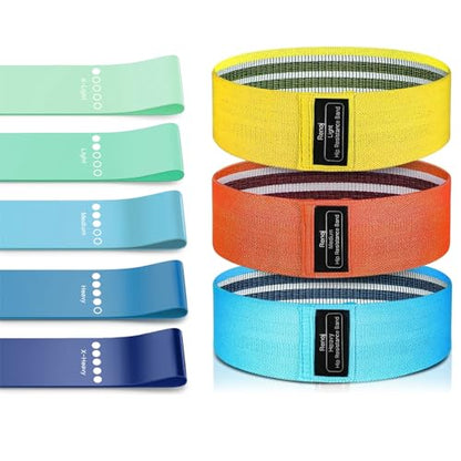Bundle Set of 8 Resistance Bands for Workout, 5 Latex Exercise Bands and 3 Fabric Booty Bands with 2 Portable Bags