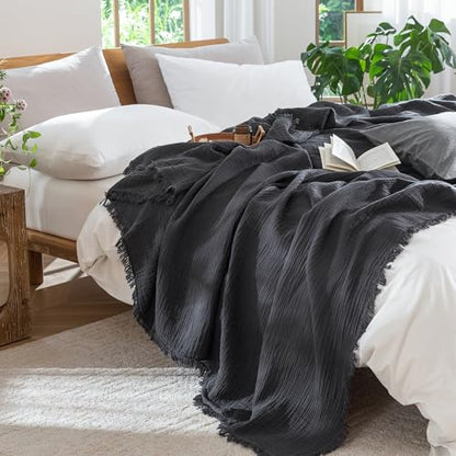 MooMee 100% Cotton Muslin Blanket, Fringed 4-Layer Gauze Bed Throw Blankets - color: Dark Grey, size: Super King