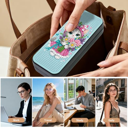 Diamond Art Painting Kit, Hard Shell Eyeglasses Glasses Case | Flower Kitty DIY Diamond Dots, Small Gem Art Paint Mosaic Kits, Cute Rhinestone Sunglasses Case for Adults Women Beginner - color: Blue Flower Kitty