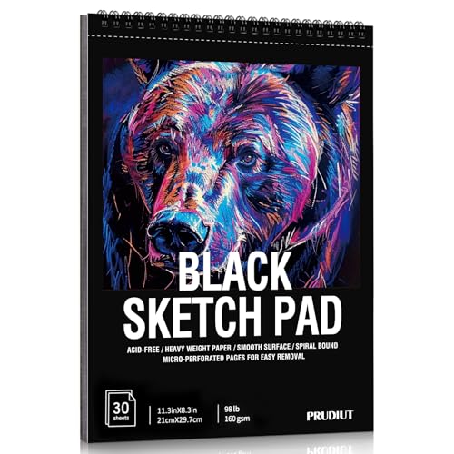 Black Paper Sketchbook 8.3 × 11.7 in, 30 Sheets, 160gsm, Spiral Bound | Acid-Free 98Lb Paper, Top Spiral, Tear-Off Pages, for Colored Pencil, Chalk & Metallic Markers - size: 8.3×11.3 Inch (1 pack)