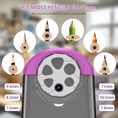 AFMAT Electric Pencil Sharpener for Classroom, 6 Holes, Cordless & Rechargeable, Fast Sharpen, Auto Stop, 10K+ Uses, Heavy Duty Pencil Sharpener for 6-11mm No.2/Large/Colored Pencils PSD2(Purple) - color: Purple