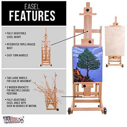 U.S. Art Supply Master Multi-Function Studio Artist Wooden Floor Easel | Large Heavy Duty Adjustable H-Frame, Tilts Flat, Mast Adjusts to 97" High, Beechwood Painting Canvas Holder Stand with Wheels
