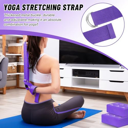 RETON 2 Pack Yoga Blocks and 2 Yoga Straps Set, Soft Non-Slip Yoga Block for Pilates, High Density EVA Foam Yoga Brick with Yoga Strap for General Fitness, Stretching, Improve Strength and Flexibility - color: Purple
