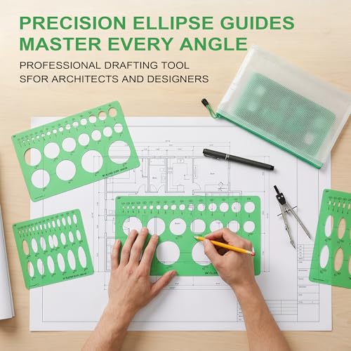 15 PCS Circle Template Set Plastic Circle and Oval Measuring Templates Series Ellipse Template for Students Professionals Precise Drafting with Storage Bag