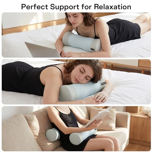 Neck Roll Pillow - Cooling Cover Round Neck Pillow for Sleeping - Memory Foam Cervical Support Pillow - Ergonomic Cylinder Pillows for Neck, Leg, Back, Yoga, Relaxing (Blue Grey)