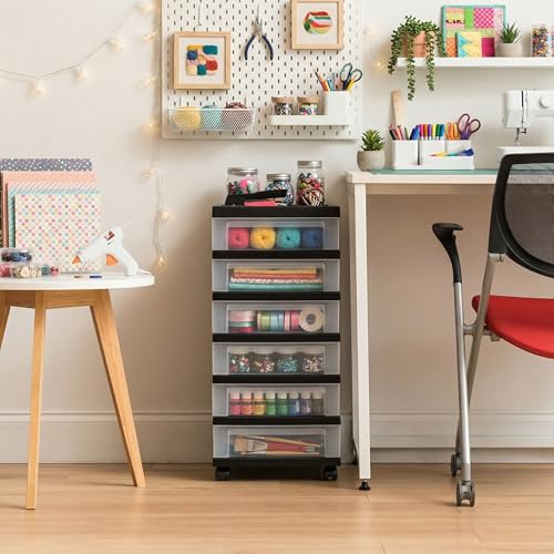 IRIS USA 6-Drawer Rolling Storage Cart, Black/Clear | Keep classroom supplies, teacher essentials, craft materials, and learning tools organized with easy-access drawers. - color: Black, size: 6 Drawer