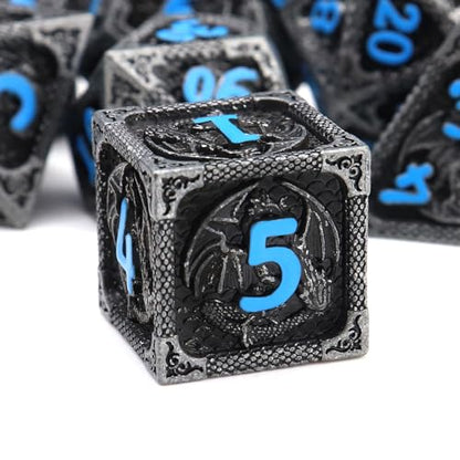 Haxtec Metal DND Dice Set, 7 Pcs Dragon Pattern Polyhedral Dice for RPG | Blue Numbers D&D with Leather Bag, Compatible with Dungeons and Dragons, Matte Black Heavy Metallic, Gifts for Table Games - color: Matt Black Blue