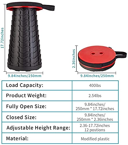 Fishboy Upgraded Collapsible Stool, 400lbs Max Weight, Lightweight But Sturdy, Portable Retractable Folding Telescoping Foldable Camping Stool for Adults Outdoor Fishing Hiking BBQ - color: Red