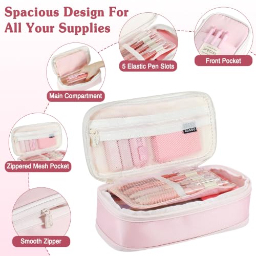 MoKo Pencil Case with Supplies, 49Pcs Aesthetic School Set, Pink | Includes gel pens, highlighters, 0.5 mm mechanical pencils and refills, an eraser, sticky notes and index tabs. - color: Pink-49P