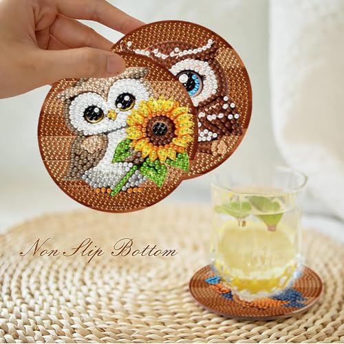 Mrnsiet 8PCS Owl Diamond Art Coasters Kits with Holder, DIY Owl Diamond Painting Coasters for Adults, Non Slip Mosaic Dot Painting Coaster with Cork Pads for Beginners 4x4 Inch - color: BDWY421-US