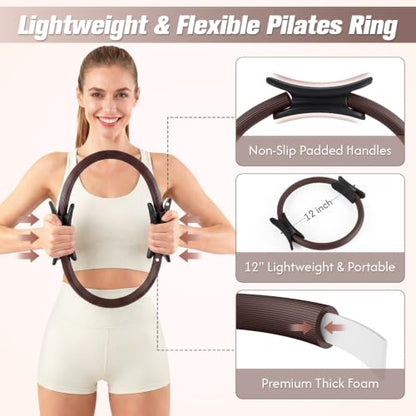 GINMIC Pilates Kit, Pilates Equipment for Home Workouts, at Home Pilates Set with Complete Accessories: Pilates Ring, Pilates Ball, Long and Loop Resistance Bands, Socks, Massage Ball, Guide & Bag - color: Oat & Brown