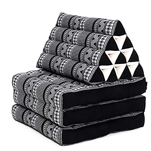 Leewadee Thai Foldable Floor Mat 67 x 21 inches Kapok with Backrest | Floor & lounge cushion for relaxing, reading & TV - for meditation & yoga, firm & stable - color: Cbt3 - Black, size: 3 seating segments