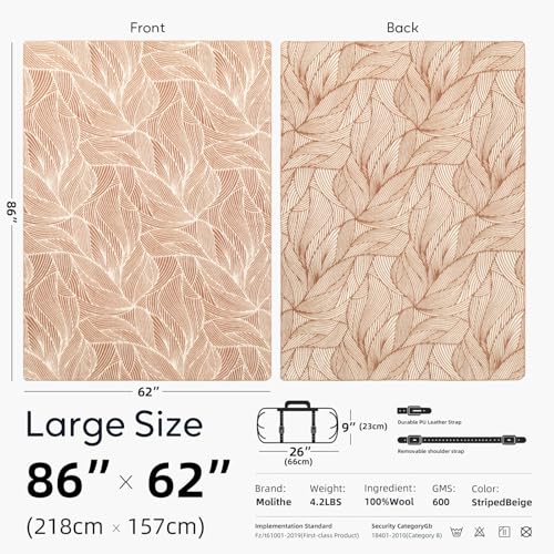 Molithe 100% Wool Blanket, 62" x 86", Warm, Thick, Military, Camping Gear - color: Beige, size: Large