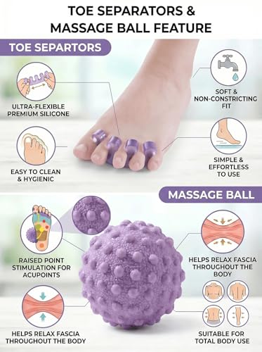 4-Piece Toe Spreaders and Foot Massage Ball Kit | 2-Pair Gel Spacers, 2 Massage Balls, Foot Relaxation, Dancers, Runners, High Heels, Purple - color: Purple