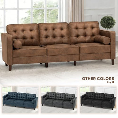 84" Suede Leather Modern Sofa with Bolster Pillows, Brown - color: Brown, size: 84" Sofa