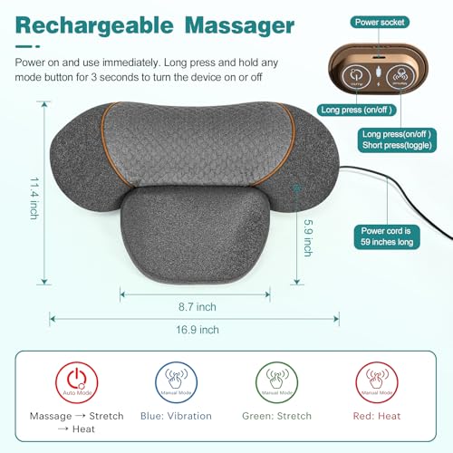 3-in-1 Neck Massager Pillow with Heat, Massage and Traction Stretching, Cervical Neck Shoulder Massager for Pain Relief, Deep Tissue, Ergonomic Design Pillow for Women/Men Home Office Use(Gray)