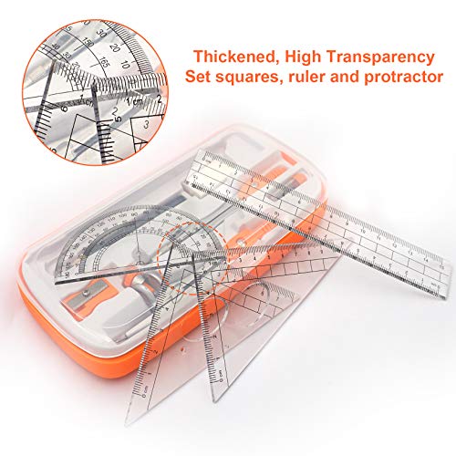 Akuoly Geometry Compass Set 2 Drafting Compasses with Maths Protractor Set Squares Ruler and More for Students Starters Homework etc. Orange