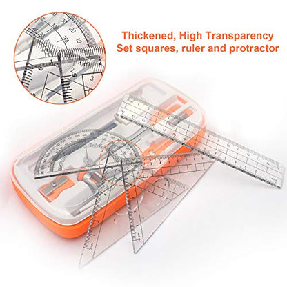 Akuoly Geometry Compass Set 2 Drafting Compasses with Maths Protractor Set Squares Ruler and More for Students Starters Homework etc. Orange