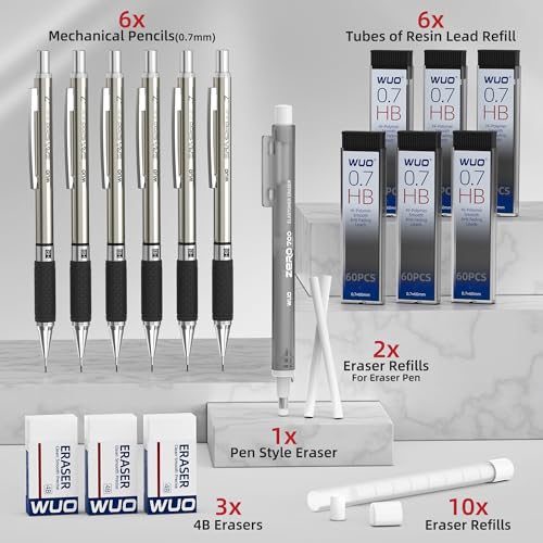 WUO 0.7 mm Mechanical Pencil Set with Eraser Pen Storage Case, 6 PCS | Metal Drafting Pencils, 360 HB Lead Refills, 3x4B Erasers, 12 Eraser Refills for School Artist Writing Drawing Sketching - color: Black 5 - 0.7mm (6 Pack)