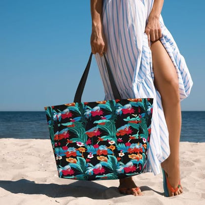 Large Beach Bag for Women Waterproof Foldable Travel Shoulder Tote Bag with Pocket for Weekender Pool Vacation - color: Tropical Black