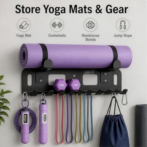 Wall Mount Yoga Mat Holder, Home Gym Storage Rack for Workout Equipment, Gym Organization Accessories