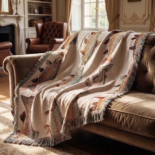 Moukeren 60 x 50 Inch Woven Tapestry Throw Blanket with Colorful Tassel, Rainbow Trout, Great Lakes Trout Fishing Gift, Fly Fishing Gift for Fisherman Dad or Husband - style: Rainbow Trout