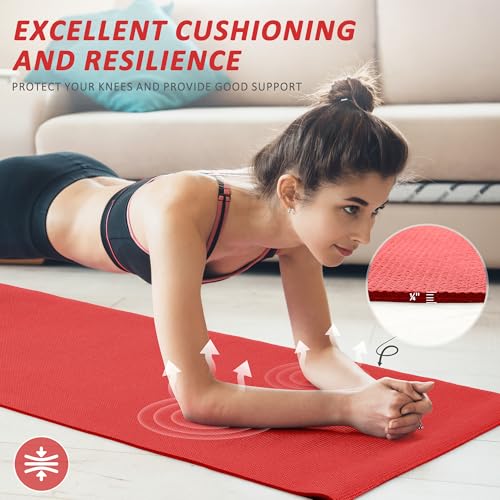 Fitvids All Purpose Thick High Density No Tear Exercise Yoga Mat with Strap & Lightweight Features for Indoor & Outdoor Use - color: Red