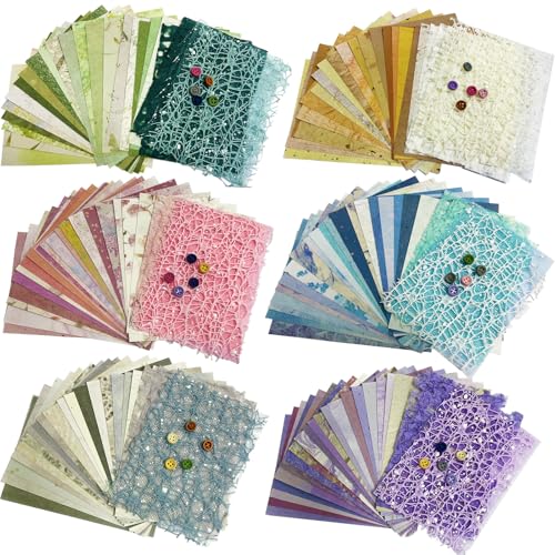 156 Sheets Textured Scrapbook Paper & Mesh Fabric Assorted Set +30 Buttons - 6 Pack Mixed Special Paper for DIY Scrapbooking Planner Bullet Junk Journal Supplies Collage Background 3.9x5.5 Inch