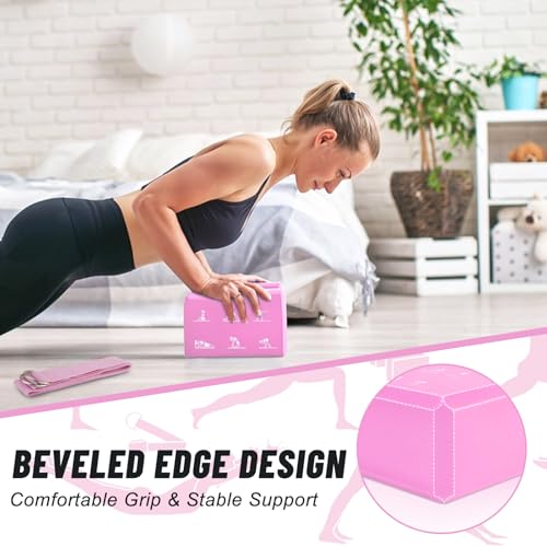 RETON 2 Pack Yoga Blocks and 2 Yoga Straps Set, Soft Non-Slip Yoga Block for Pilates, High Density EVA Foam Yoga Brick with Yoga Strap for General Fitness, Stretching, Improve Strength and Flexibility - color: Pink