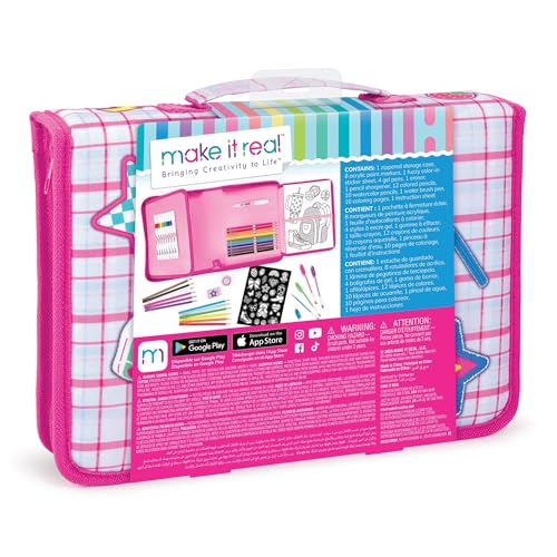 Make It Real: Creative Artist Suitcase Art Set - 50pc Zipper Binder Case, Gel Pens-Color Pencils-Acrylic Markers-Stickers, Crafts Tweens-Girls-Kids 6+