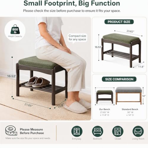 Black Wood Shoe Bench, 24 Inch Entryway Bench with Green Cushion - color: Black + Green Cushion, size: 23.62"
