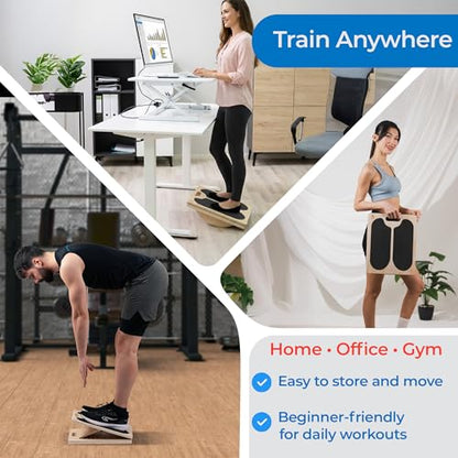 Slant Board for Exercise, 3-in-1 Wooden Calf Stretcher, Rocker Balance Board and 360° Wobble Board, 5 Adjustable Angles, Anti-Slip Surface, Training Poster Included - size: Standard