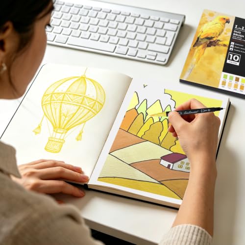 LIULIUCAI 10 Yellow Dual Markers, Fine & Brush Tip Pen for Adult Coloring | Yellow Markers, Drawing Pen for Sunflower, Fall Art, Highlights, Hand Lettering & Warm Accents, No Bleeding - color: 10 Yellow