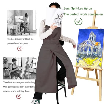 Pottery Split-Leg Make Ceramic Apron, Long Split-Leg Artist Painting Apron with 3 Pockets for Men and Women - color: Brown