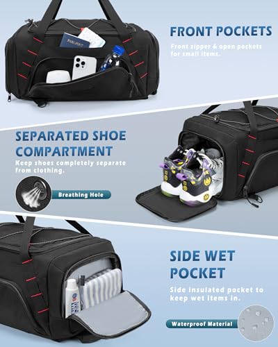 Smasrob 26L Gym Duffle Bag with Backpack Straps & Shoe Compartment | with and Wet Pocket, Small Duffle Bag for Travel and Sports, Black
