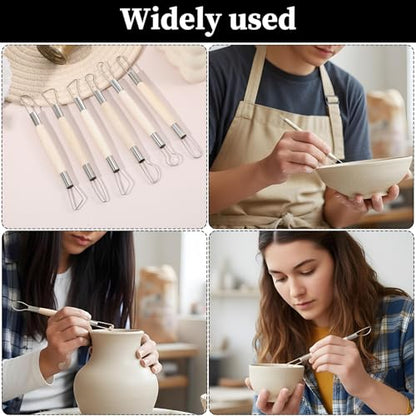 6PCS Double-Sided Clay Sculpting Tool Set, Wooden Handle Pottery Trimming Tools with Stainless Steel Wire Loop, Clay Carving Sculpture Kit for Ceramics Wax Pottery