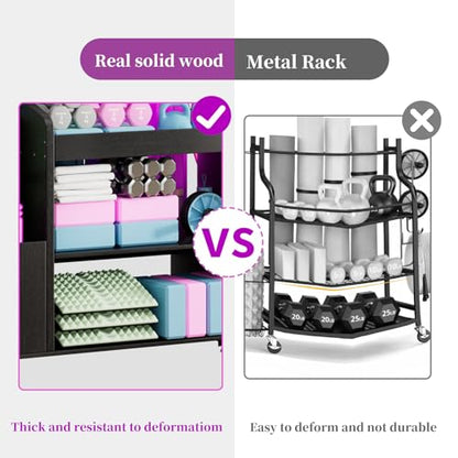 Home Gym Storage Rack Yoga Mat Holder with Wheels and Hooks, All in One Workout Storage for Yoga Mat, Foam Roller,Small Dumbbells, Kettlebel Gym Organizer Storage for Home Exercise(Wood)
