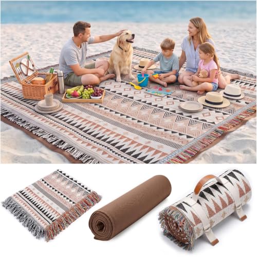 RYCHIC 2 in 1 Extra Large Boho Beach Blanket Towel Giant Woven Outdoor Rug Picnic Mat Camping Gear Cruise Essential 2026 Summer Vacation Must Have Travel Accessories Costa Rica Hawaii Trip Stuff - color: Boho Brown