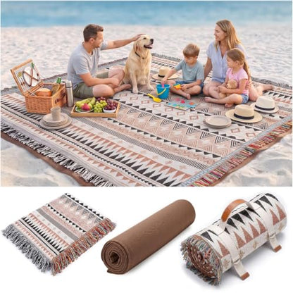 RYCHIC 2 in 1 Extra Large Boho Beach Blanket Towel Giant Woven Outdoor Rug Picnic Mat Camping Gear Cruise Essential 2026 Summer Vacation Must Have Travel Accessories Costa Rica Hawaii Trip Stuff - color: Boho Brown