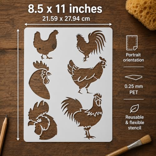 Chicken Stencil | Reusable Farmhouse Farm Stencils for Painting on Wood, Glass, Wall, Rock, Fabric, Walls, Canvas, Glassware | Rooster Farm Animals Stencil 8.5"x 11"