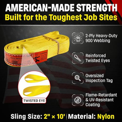 DD Sling (USA Made). 2" wide X (4' to 20' lengths) in Listing! 2 Ply Twisted Eye, Nylon Lifting Slings, Eye & Eye, Heavy Duty (900 webbing), 6,400 lbs Vertical, 5,100 Choker, 12,800 Basket Load Capacity (2inX10ft) - size: 2 in x 10 ft