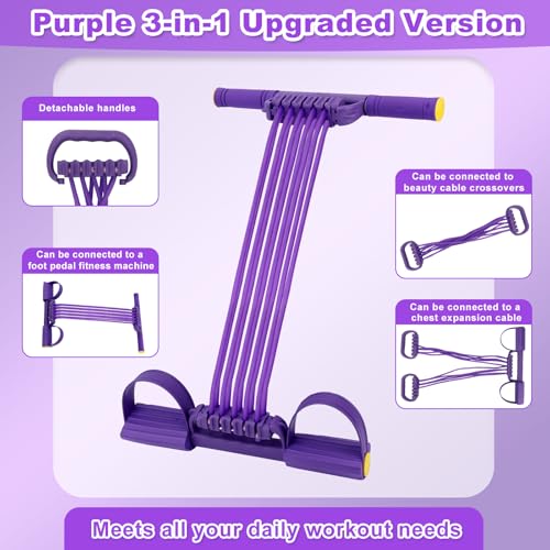 2026 Upgrade Detachable Pedal Resistance Band with Handle, 10 Tube Sit Up Pull Rope 3-in-1 Versatile Exercise Bands for Foot Pedal Pull, Chest Expand & Back Stretch (Purple)