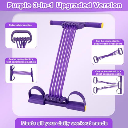 2026 Upgrade Detachable Pedal Resistance Band with Handle, 10 Tube Sit Up Pull Rope 3-in-1 Versatile Exercise Bands for Foot Pedal Pull, Chest Expand & Back Stretch (Purple)